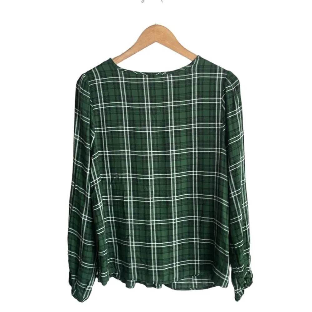 Three Dots Mason Plaid Long Sleeve Blouse Dark Green - Image 4