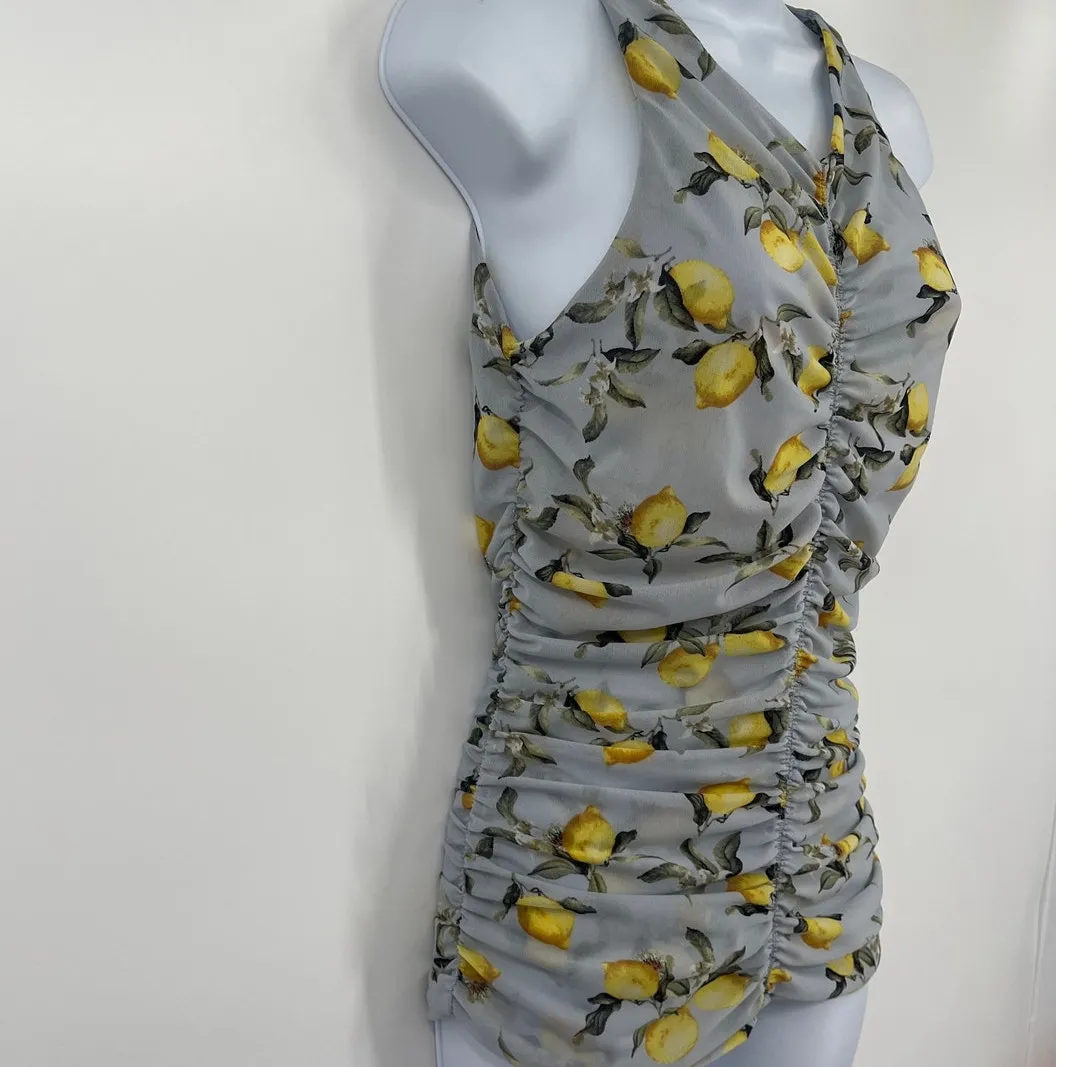 Y2K Lemon Print Coquette Mesh Ruched Sleeveless Top Sz M Fruit Cottage Euro - Image 5