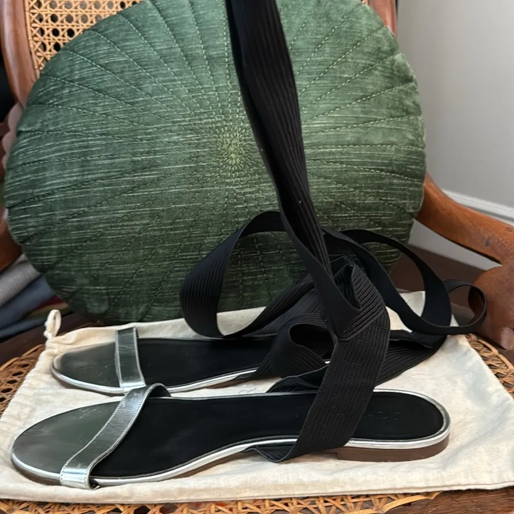 J. Crew Silver Leather Black Lace Up Gladiator Style Sandals - Image 2