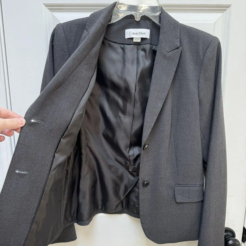 CALVIN KLEIN Gray Mid-length Blazer Suit Jacket Size 6 Lined Single-Breasted - Image 2