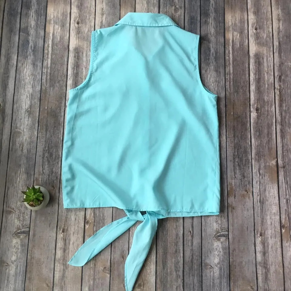 Banana Republic Oxford Top Womens‎ XS 0 2 Sleeveless Tie Waist Aqua Blue Chiffon - Image 3
