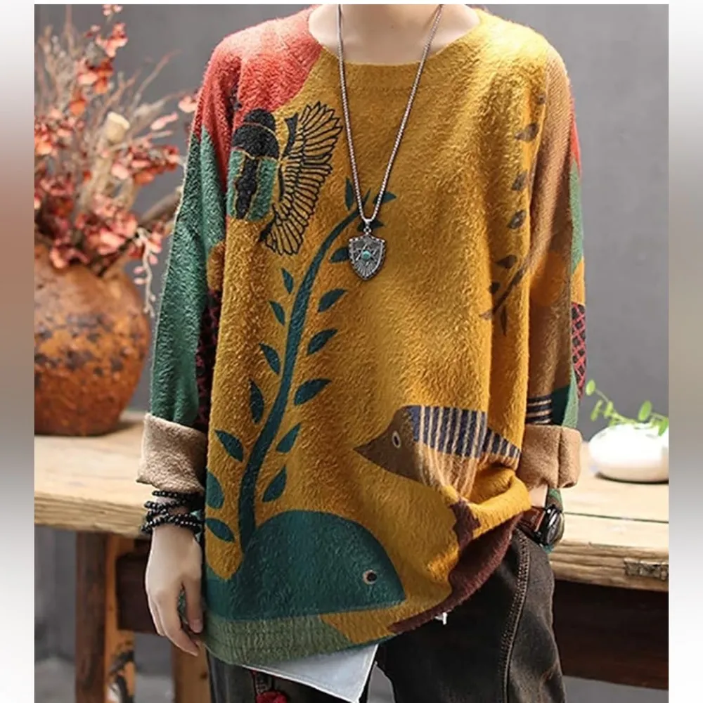 Women’s Pullover Oversized Wool Blend Fish Pattern Sweater Size OS Gold - Image 12