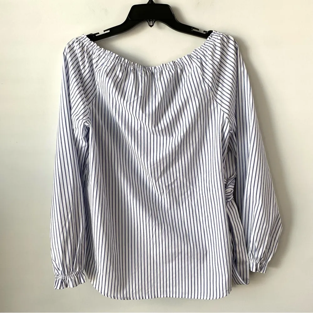 Rag & Bone Sierra Stripe Belted Off The Shoulder Top Blue White - Image 7