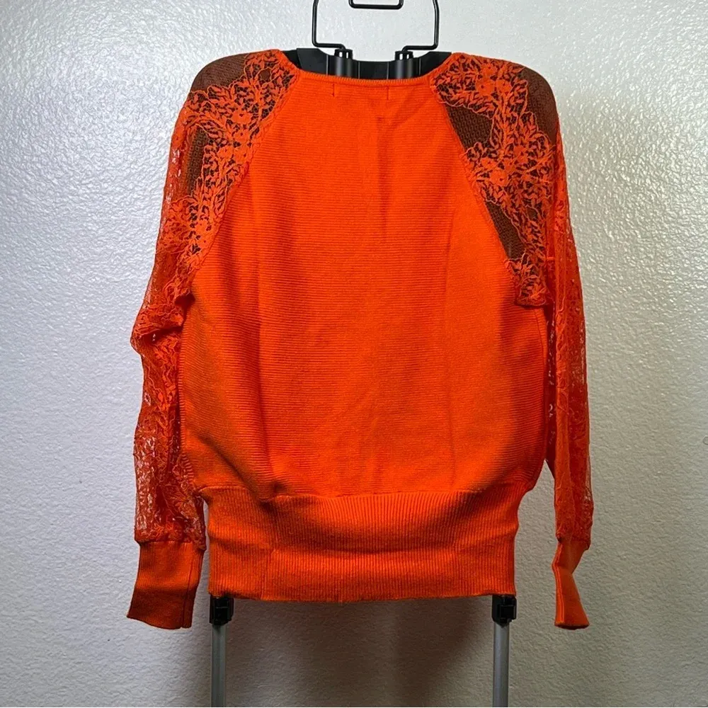 Vibrant Orange V-Neck Sweater with Lace Detail - Image 7