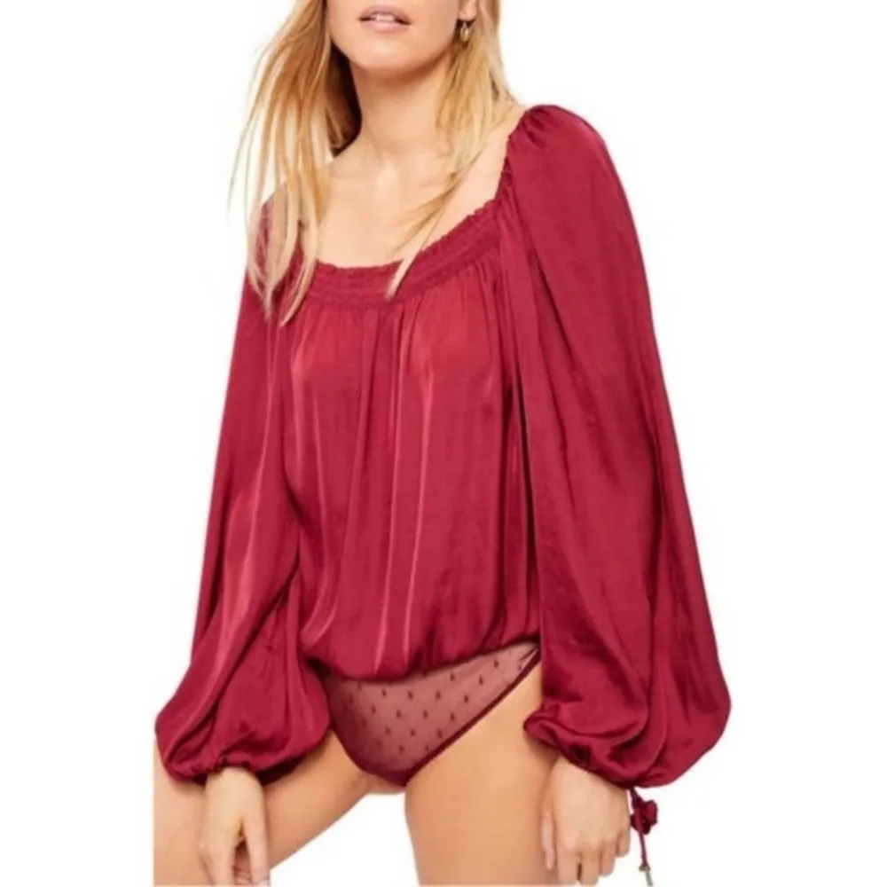 Free People Red Burgendy Wine Flowy Boho Silky Long Sleeve Cottagegore Bodysuit - Image 86