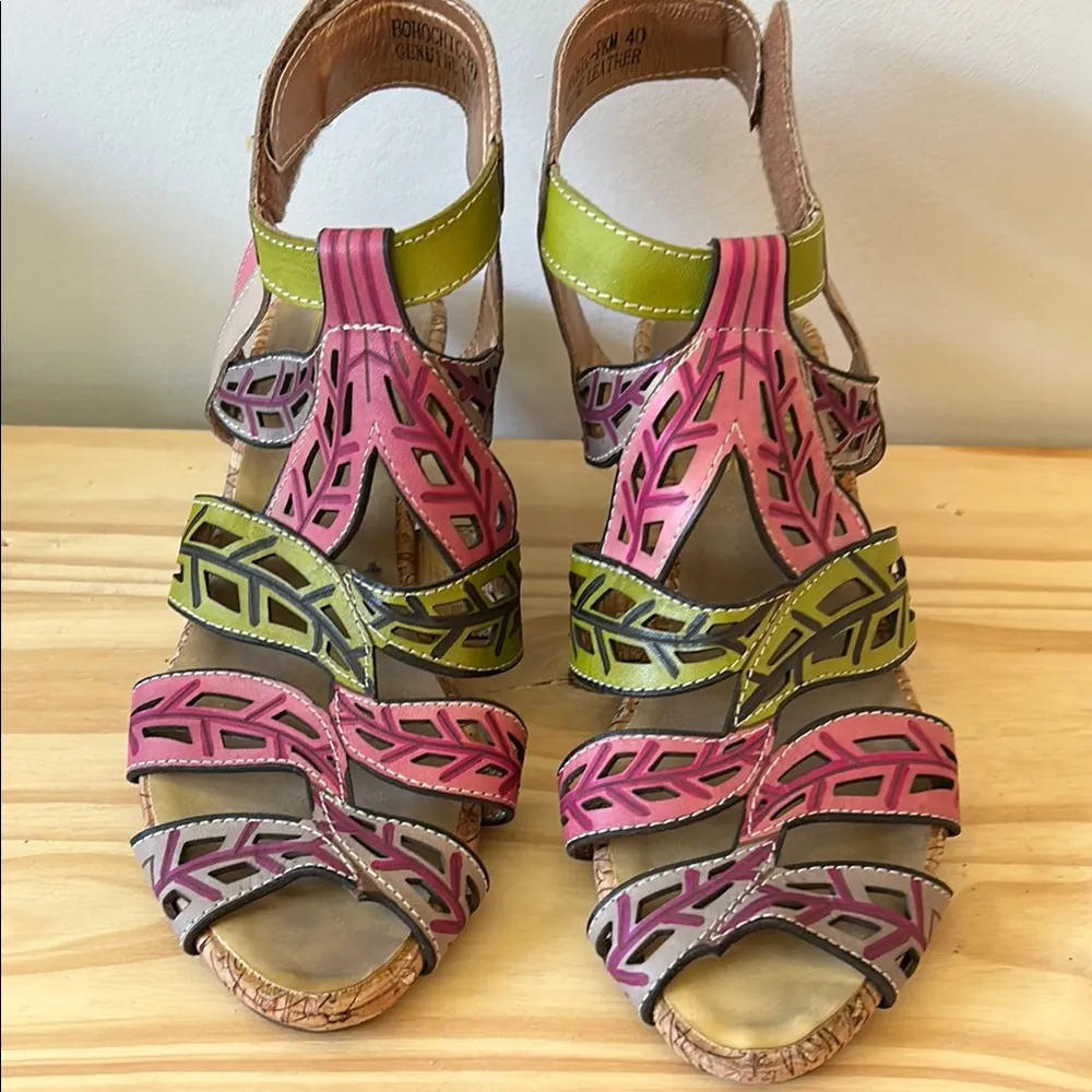 L'ATISTE| Pink and Green Leaf Sandals with Adjustable Straps sz 40 - Image 2