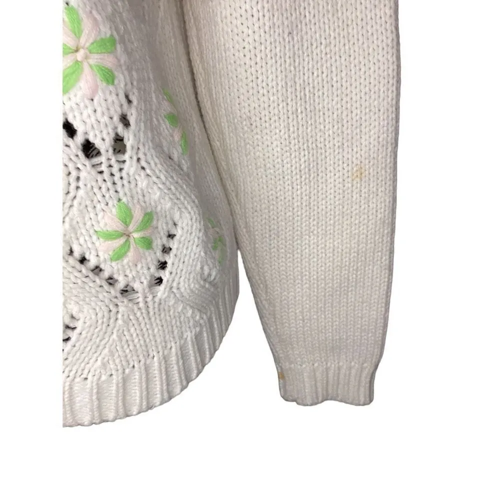 Open Knit High Collar Floral Granny Sweater Casual Everyday Grandma Green Size M - Image 6