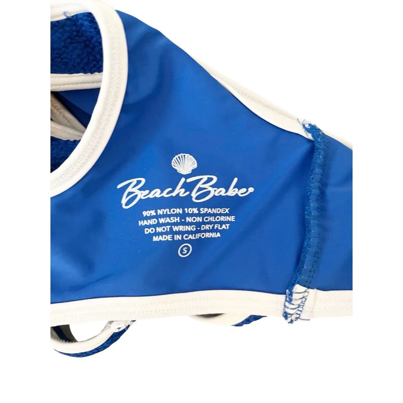 Beach Babe Blue Ribbed White Trim Swim Suit Top Size Small‎ - Image 3