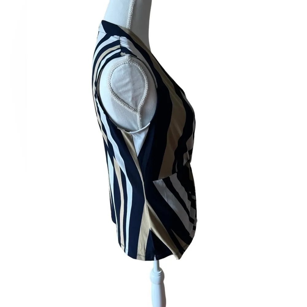 DKNY‎ Navy Tan White Striped Sleeveless Wrap Blouse Top - Image 5