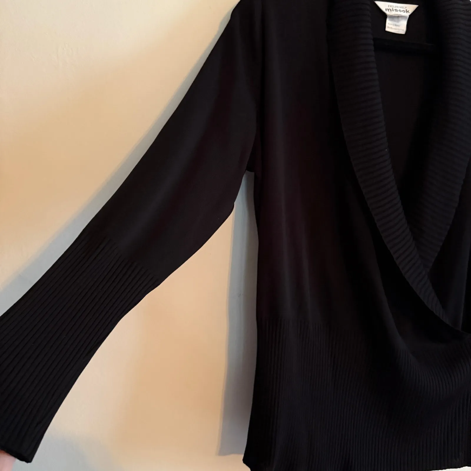 Exclusively MISOOK | Black Shawl Collar Faux Wrap Long Sleeve Sweater | Large - Image 2