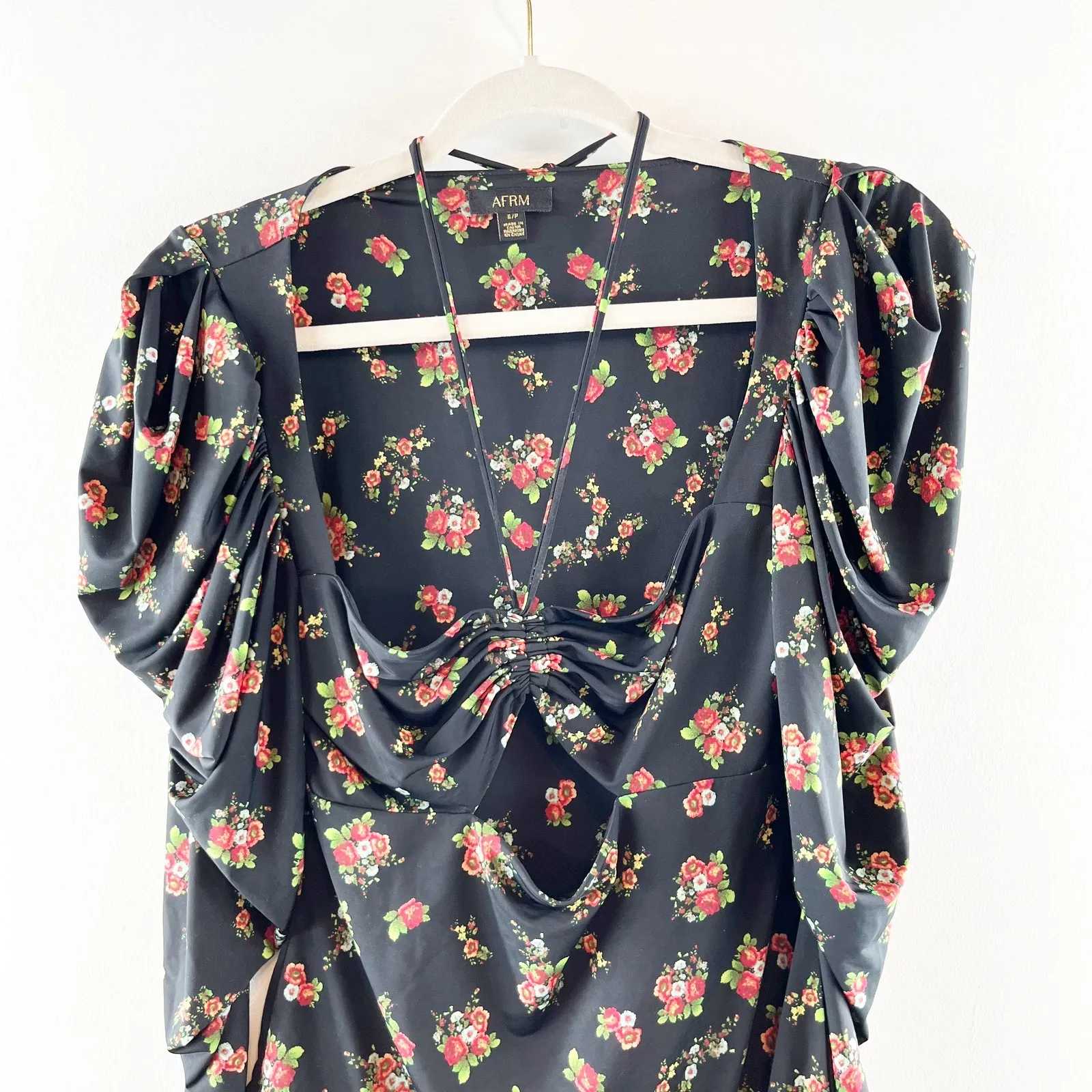 AFRM Coppelia Halter Neck Thong Bodysuit Noir Rose Garden Small Black - Image 9