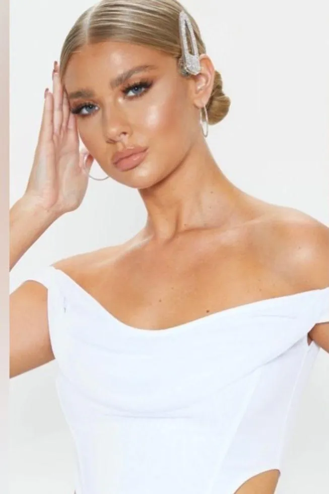 PrettyLittleThing White Corset Mesh Bardot Top Women Size 10 (M) - Image 2