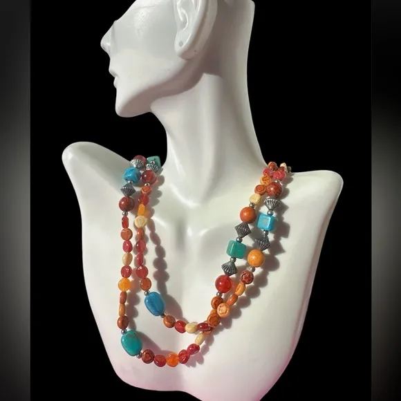 Lucky Brand necklace Amber Tibetan bluestone Sandalwood beads silver diamond 47” - Image 2