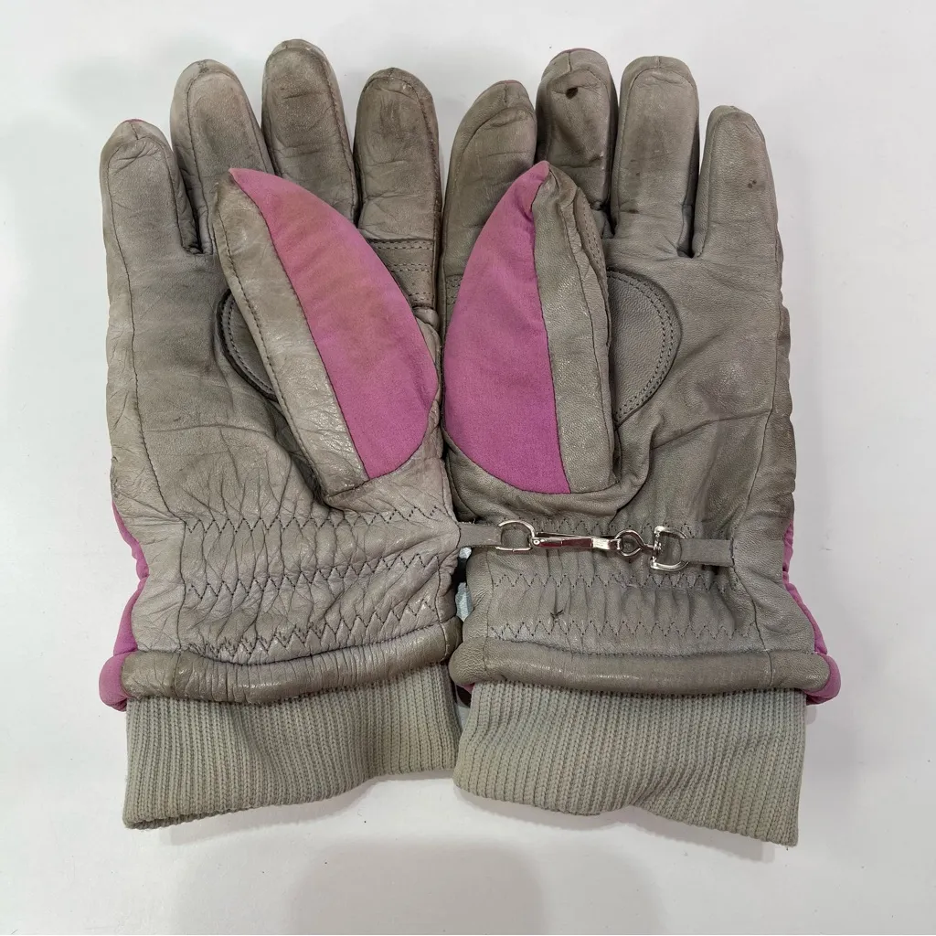 Vintage Serus Winter Ski Snow Mittens Gloves Cowhide Leather Grey Pink Women M Gray - Image 3