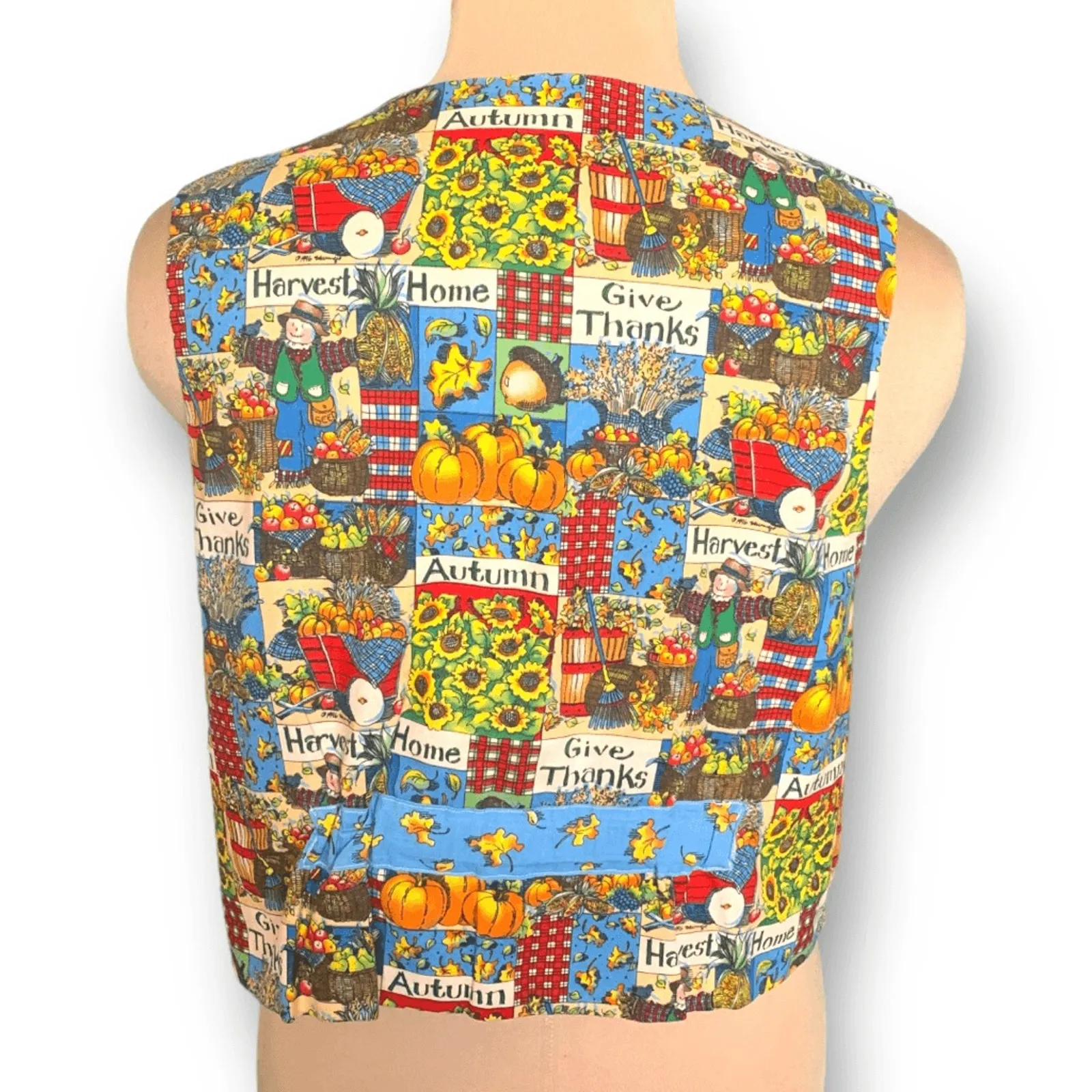 Vintage Handmade Reversible Vest Autumn Pumpkin Scarecrow Farmhouse Blue Orange Yellow Size M - Image 5