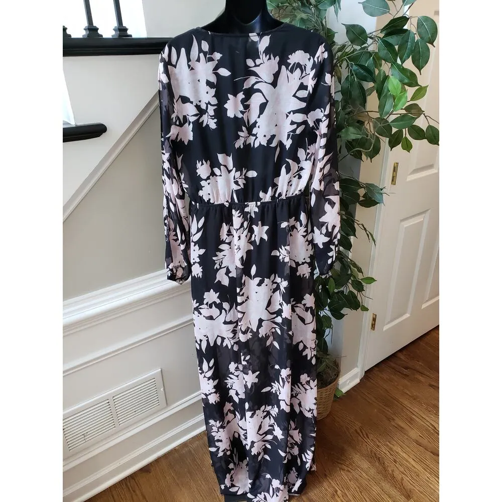 Windsor Long Maxi Dress Women L Black Floral Sheer Surplice Neckline Cinch Waist - Image 4