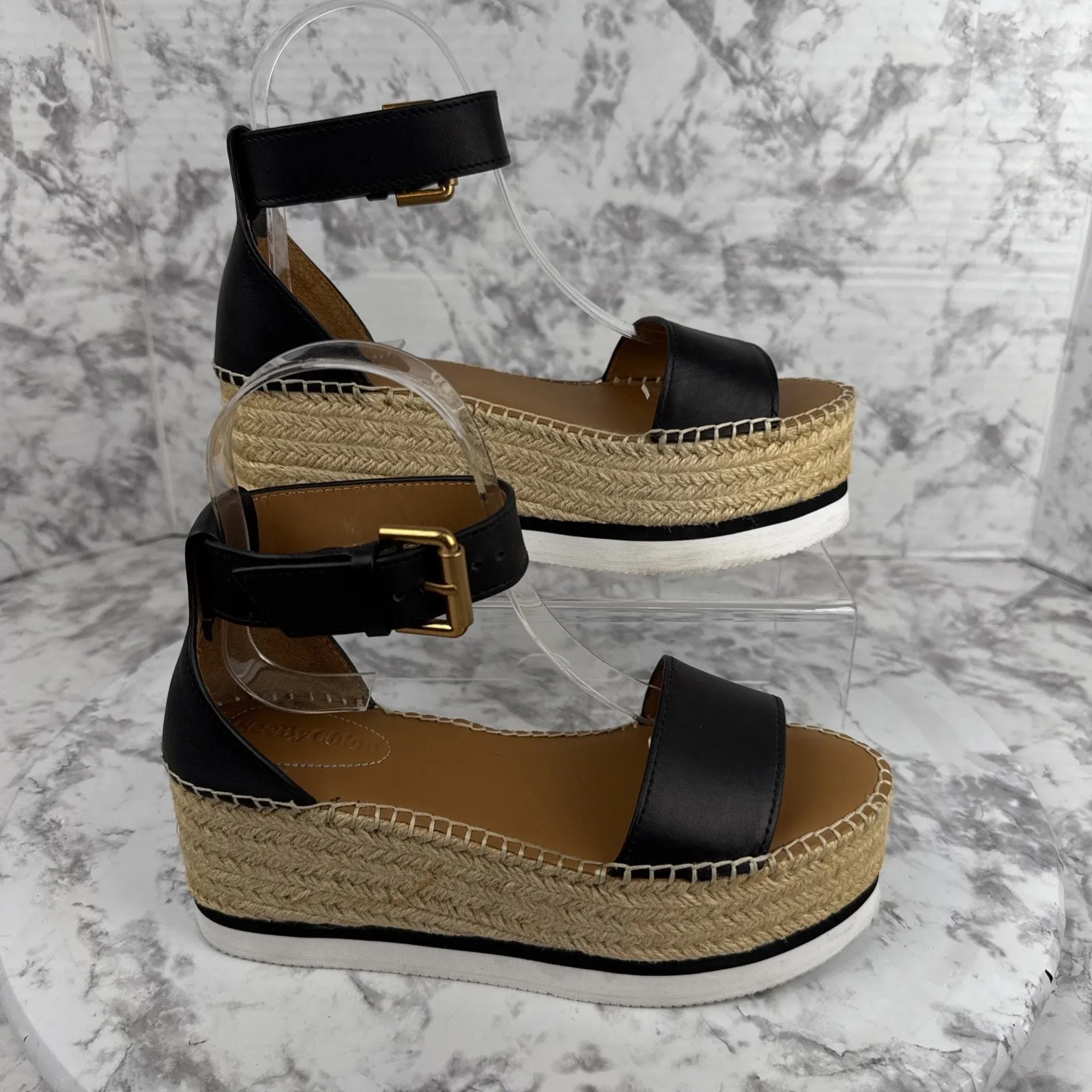 See by Chloe Womens Glyn Platform Espadrille Sandal Black Leather Size 6 EUR 36 - Image 7