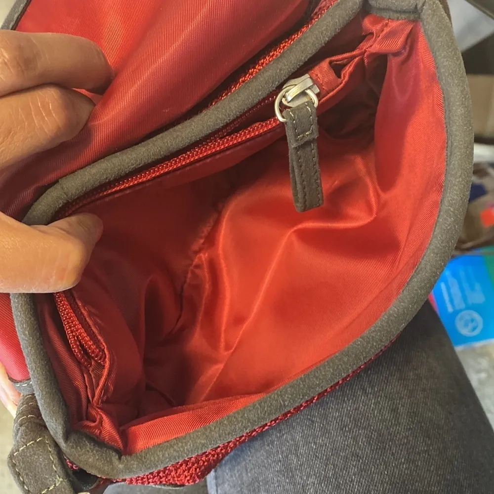 the SAK crochet basket weave red grey faux suede trim mini shoulder bag - Image 14