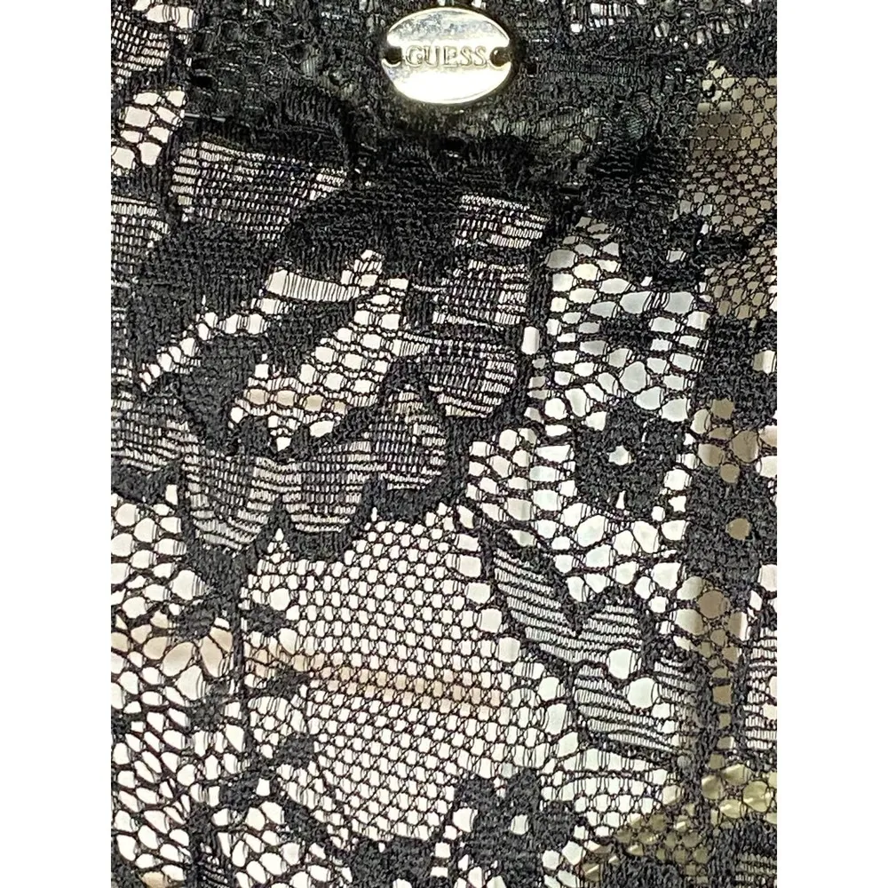 NWT Guess Mini Dress LARGE Black Lace Mixed Media Ruched Floral Sleeveless Party - Image 4