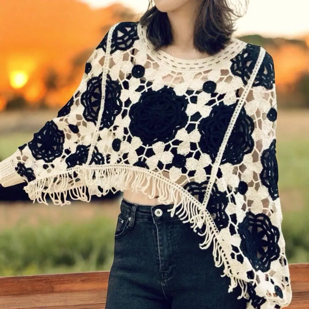Cropped Knit Sweater: Long Sleeve Casual Crochet Tassels Hollow Out Pullover Black Size M - Image 2