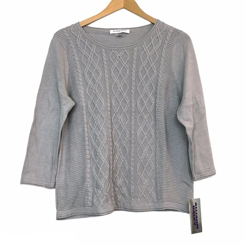 NEW NWT ALLISON DALEY Gray Grey Cable Knit 3/4 Sleeve Cotton Sweater PETITE - PS - Image 1