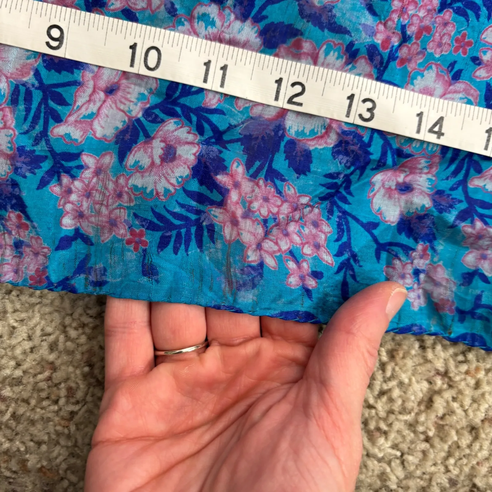 Vintage Blue Silk Pink Cherry Blossom Floral Square Scarf Wrap Lightweight - Image 5