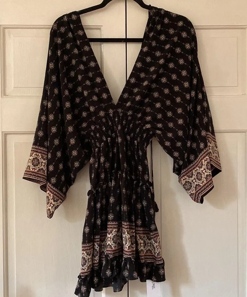 MISA Los Angeles Neily Printed V-Neck Flounce Mini Dress Blouson Tie Back Kimono - Image 3