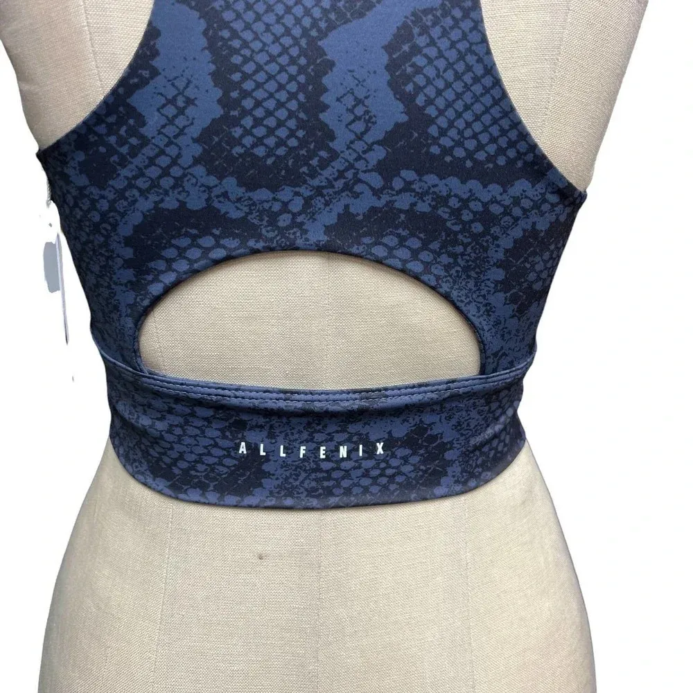 Allfenix Long Sports Bra Racerback‎ Stretch Snake Animal Print Navy Blue Medium - Image 8
