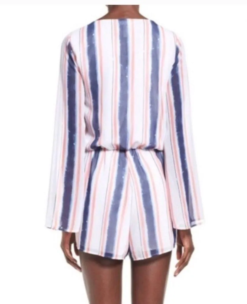 Leith Striped Long Sleeve Flowy Romper Size Medium White, Coral Pink, & Blue - Image 2