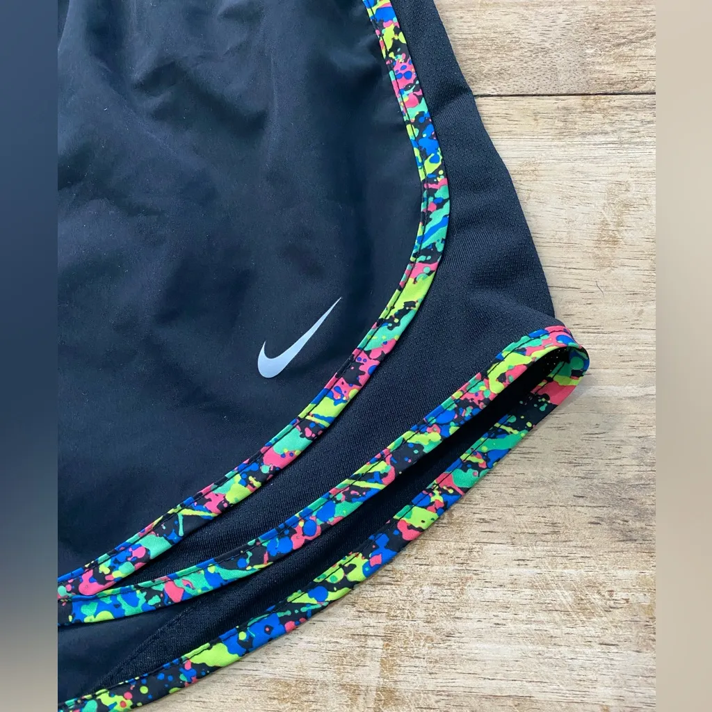 Nike Dri Fit Tempo Women’s Sz M Black/Neon Splatter Print Trim Athletic Shorts - Image 8