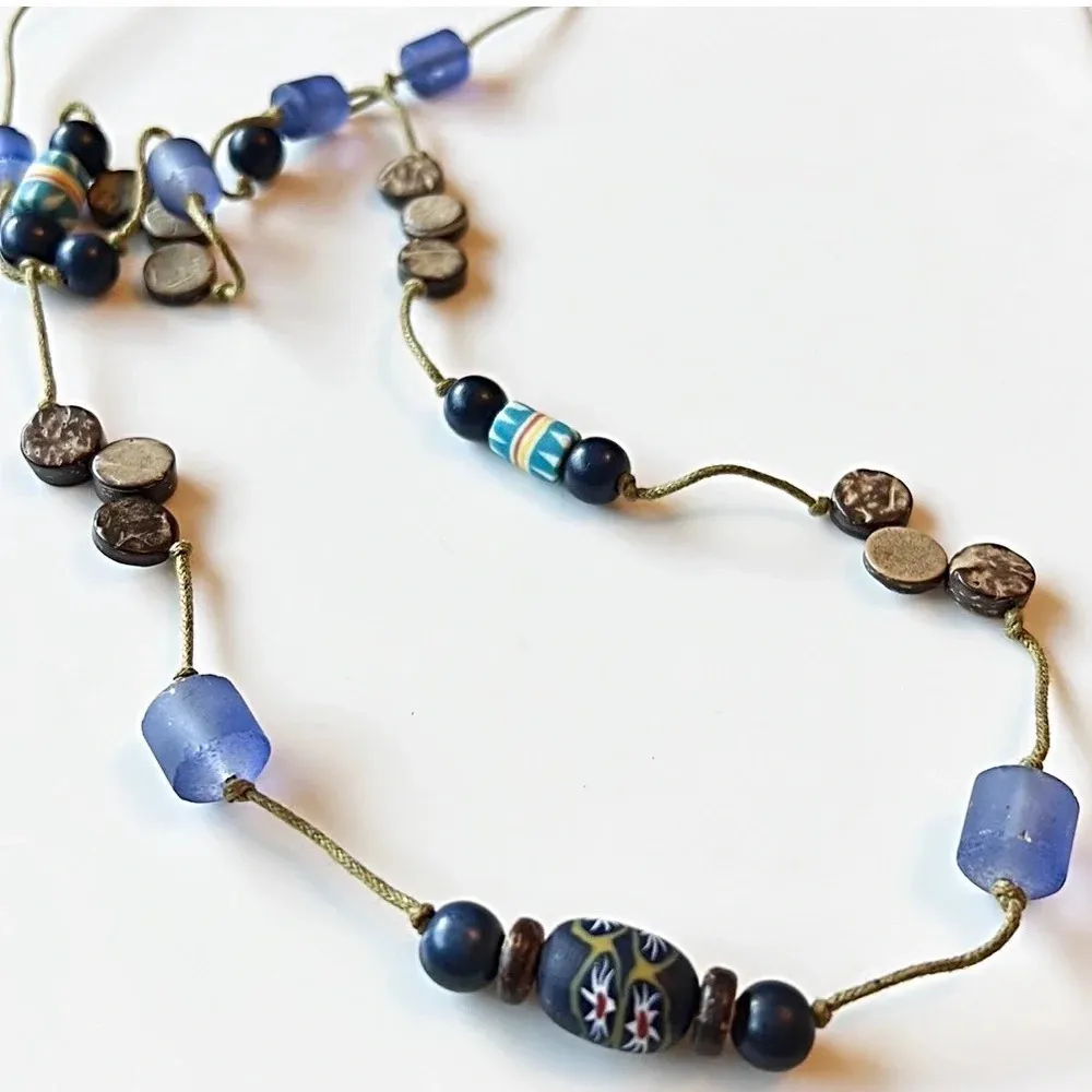 Vintage Boho Necklace Adjustable Beaded Cord Bohemian Retro Festival Hippie Blue - Image 4