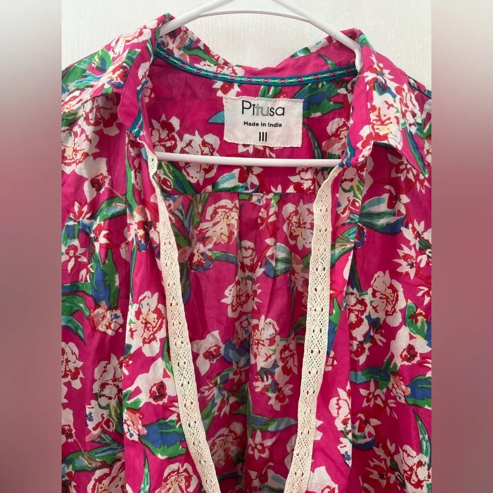 Revolve Pitusa Collared Tie Shirt Size in Fuchsia Floral Print (Size III - Image 5