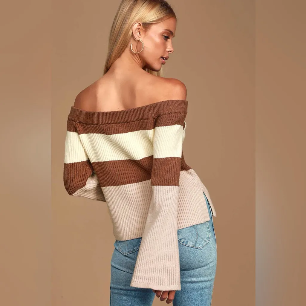 Lulus Morro Brown Multi Striped Ribbed Off-the-Shoulder Sweater - Image 15