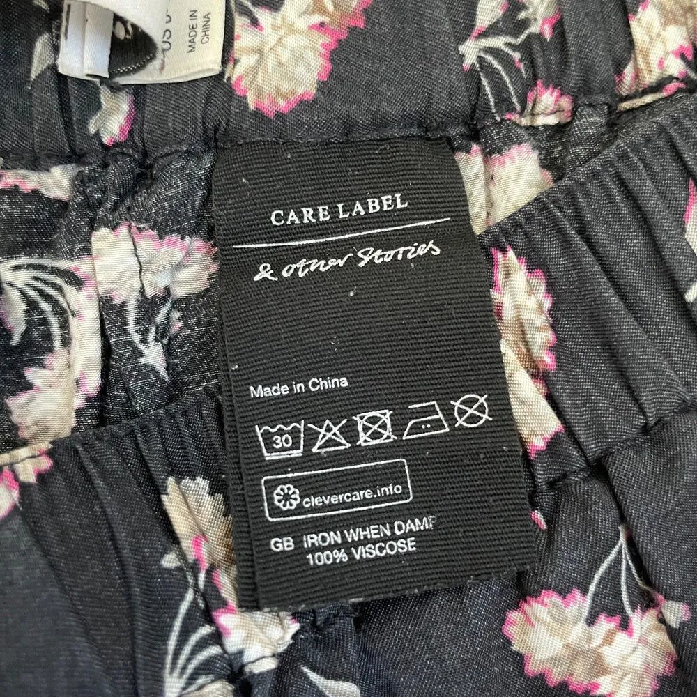 & Other Stories floral navy pants viscose size 6 womens pull on elastic waist - Image 5