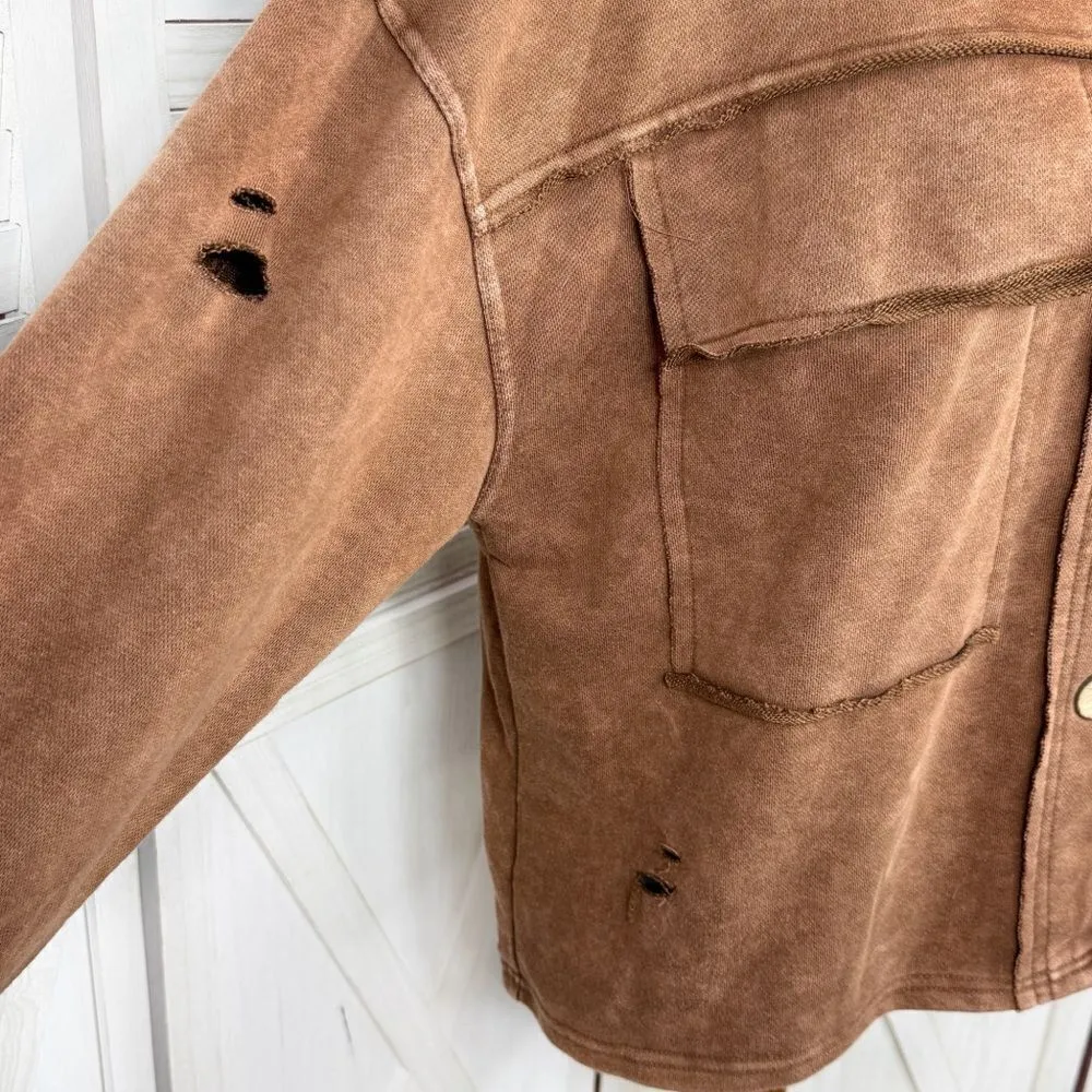 Oddy Distressed Jersey Knit Shacket Cropped Brown‎ Medium Large Brown - Image 7