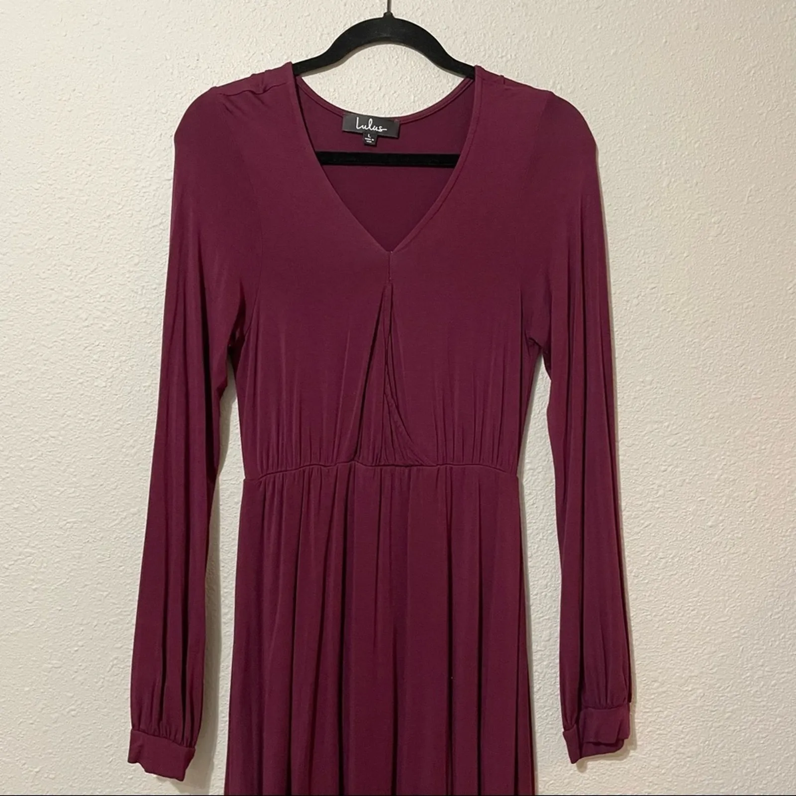 Lulus Burgundy Long Sleeve Wrap Front Midi Dress Womens L Boho Fall Bridesmaid - Image 7