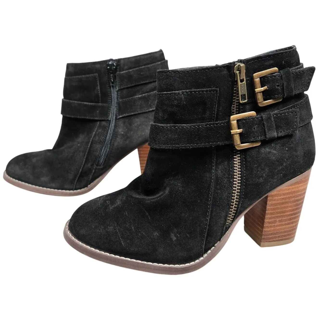 Diba Suede Leather Buckle Zip Stacked Block Heeled Bootie Black 7 NIB‎ - Image 3