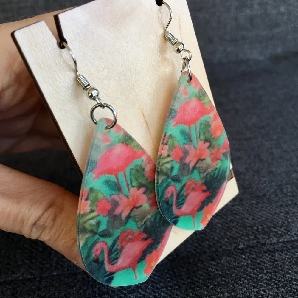 Flamingo Lightweight Acrylic Dangle Earrings, Green, Pink Green - Image 3