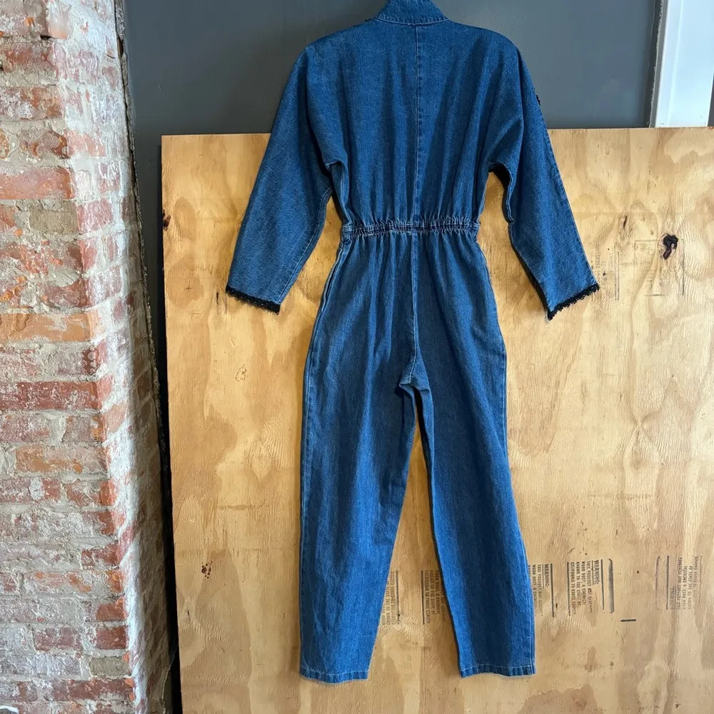 Vintage 1980s Jaxie’s Zip Up Lace Embellished Long Sleeve Jean Jumpsuit Sz L Blue Size L - Image 3