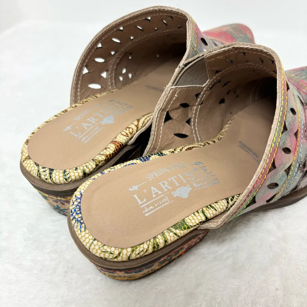 L'Artiste Spring‎ Step Rosalinda Mules Multicolor Leather Floral Cutout  Size 39 - Image 2