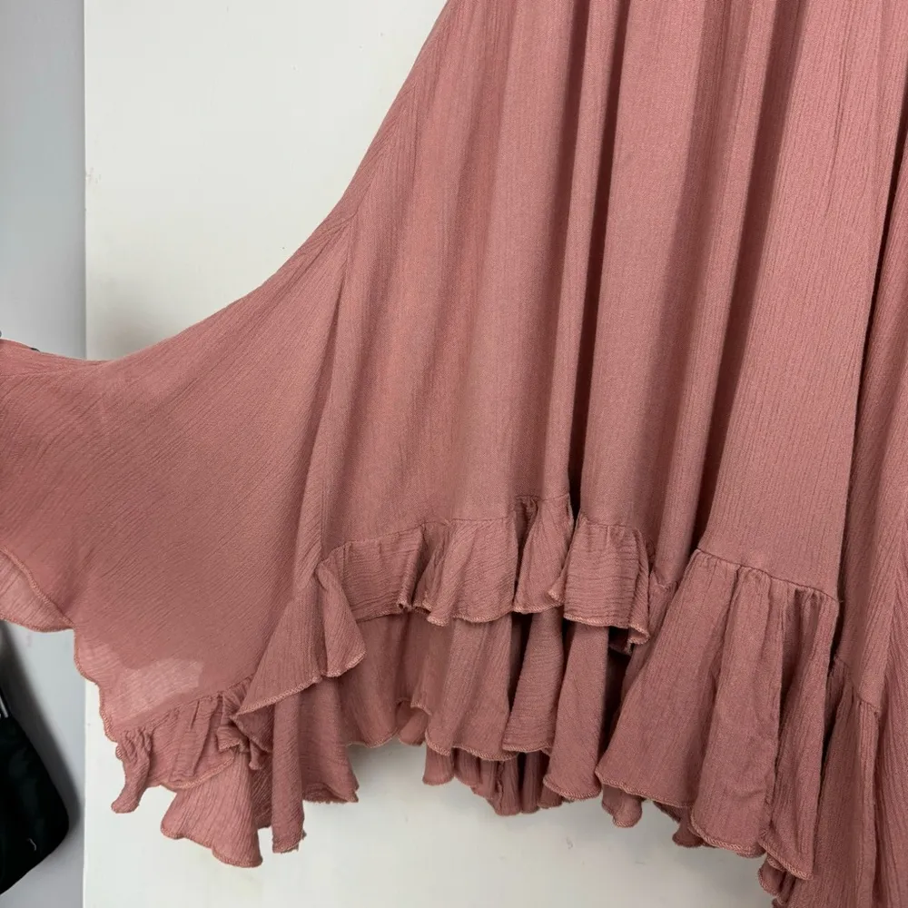 Free People Adella Crochet Trim Mini Dress Sz XS Mauve Dusty Rose Pink Ruffle - Image 15