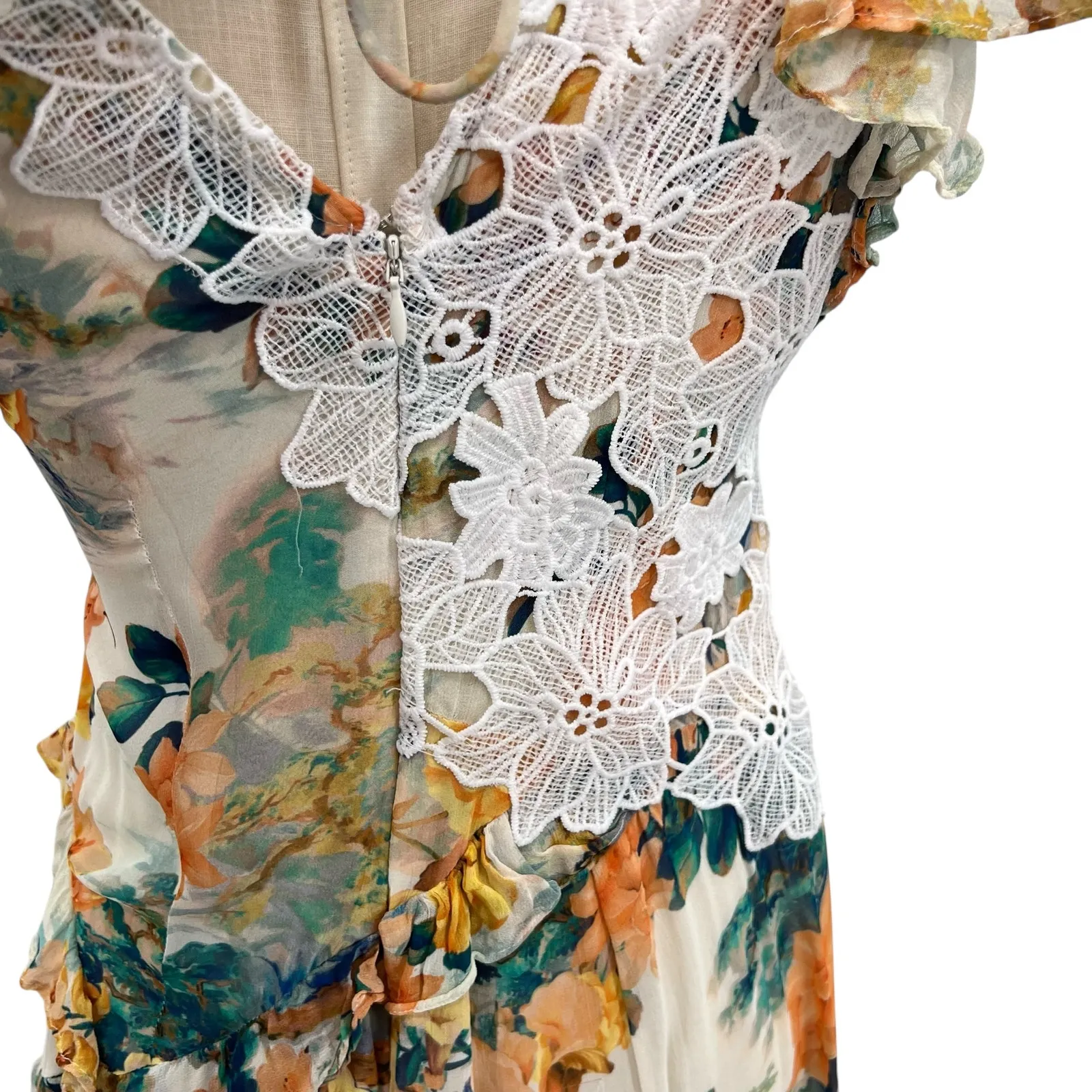 Anthropologie V-Neck‎ Ruffle Lace Slip Dress Floral White Multicolor Size US 4 - Image 13