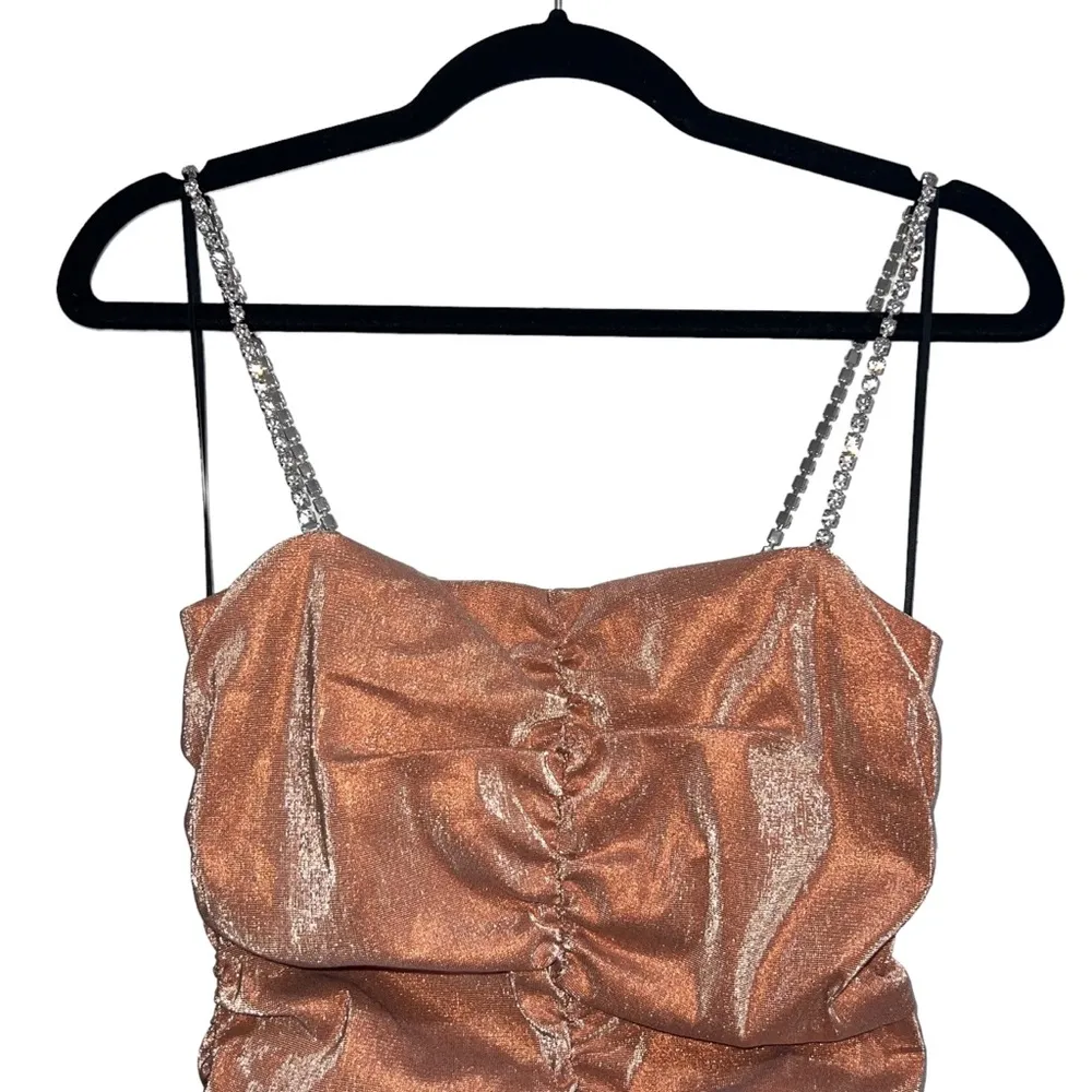 NEW NWT AREA Shirred Mini Dress Nude Gold Size M - Image 5