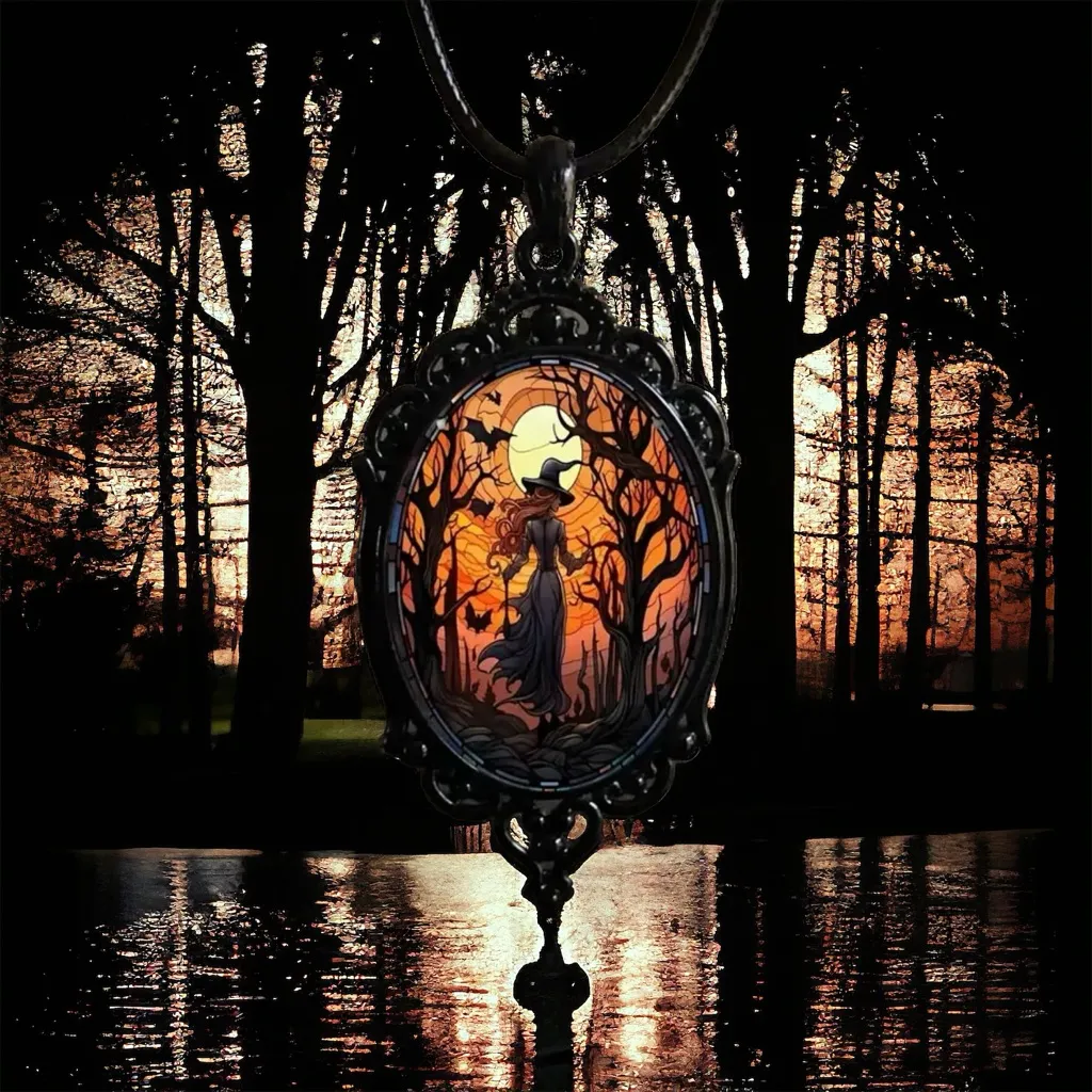 Retro Style Bat Witch Pendant Cameo Black‎ Pendant Necklace Gothic Vintage Style Black - Image 2