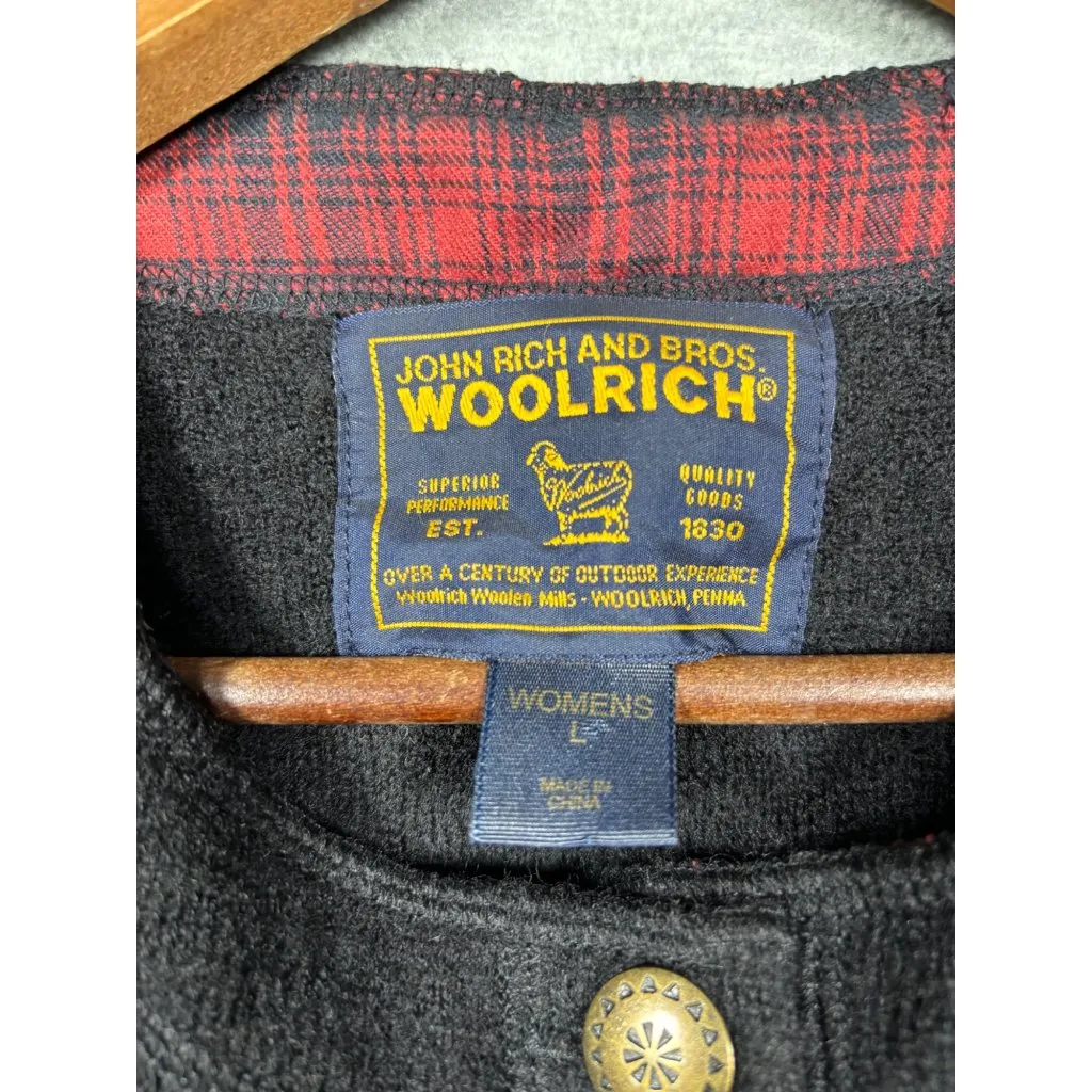 Woolrich Womens 100% Wool Vest L Black Cabin Patchwork‎ Bear Tree Buttons Rustic - Image 5