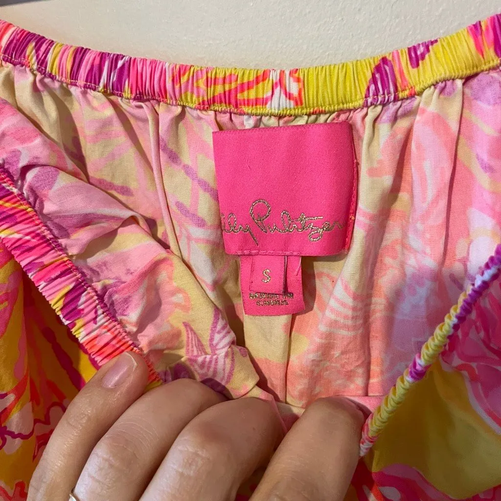 Lilly Pulitzer Jesiba Romper Calla Yellow Floral Coral 100% cotton coastal beach - Image 4