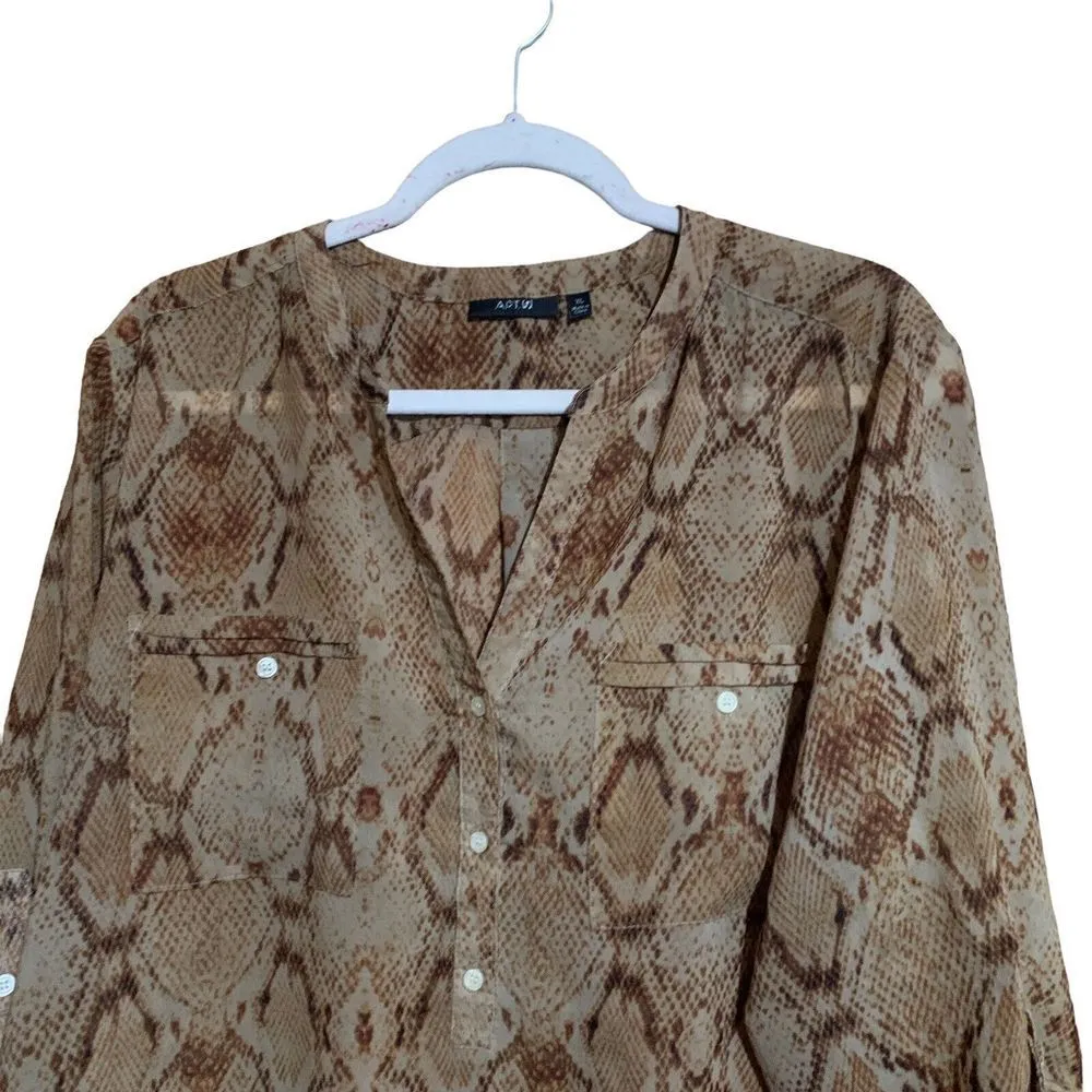 Apt 9 Womens Size XL Multicolor Animal Print Split Neck Tab Sleeves Sheer Blouse - Image 2