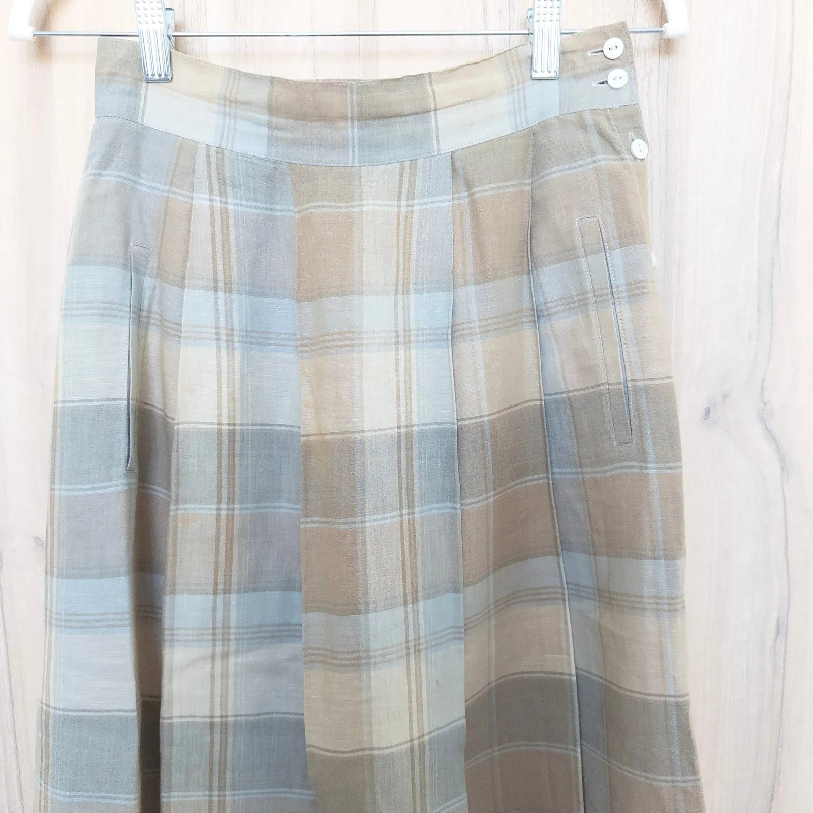 Vintage Geoffrey Beene Plaid Pleated Midi Skirt Size 8 Tan Linen Preppy Academia - Image 2