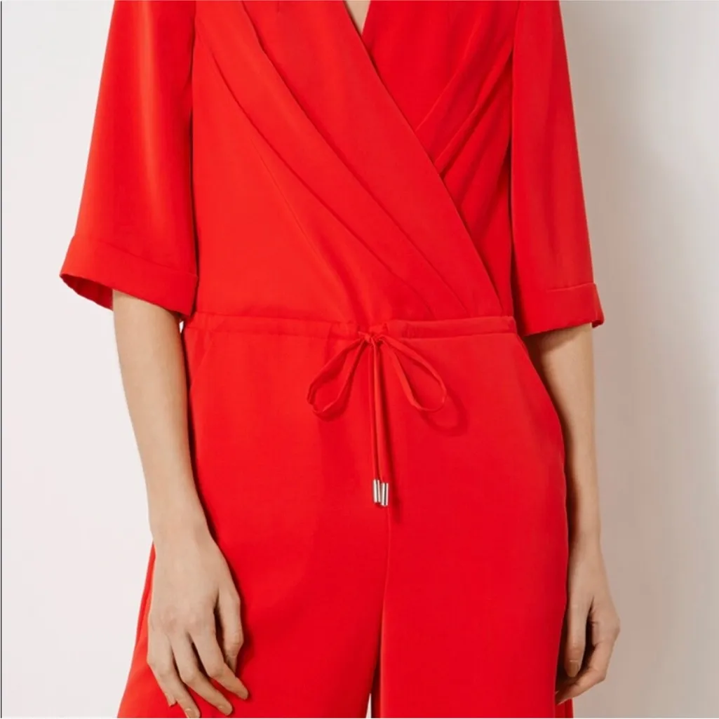 Karen Millen Wrap Front Romper Playsuit Size 4 Red Short Sleeve Tailored Chic - Image 2