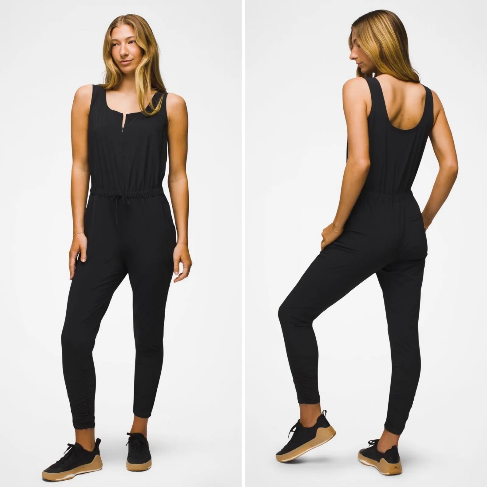 prAna Railay Jumpsuit Black Sleeveless Zip Drawstring Waist Ruched Legs Large - Image 2